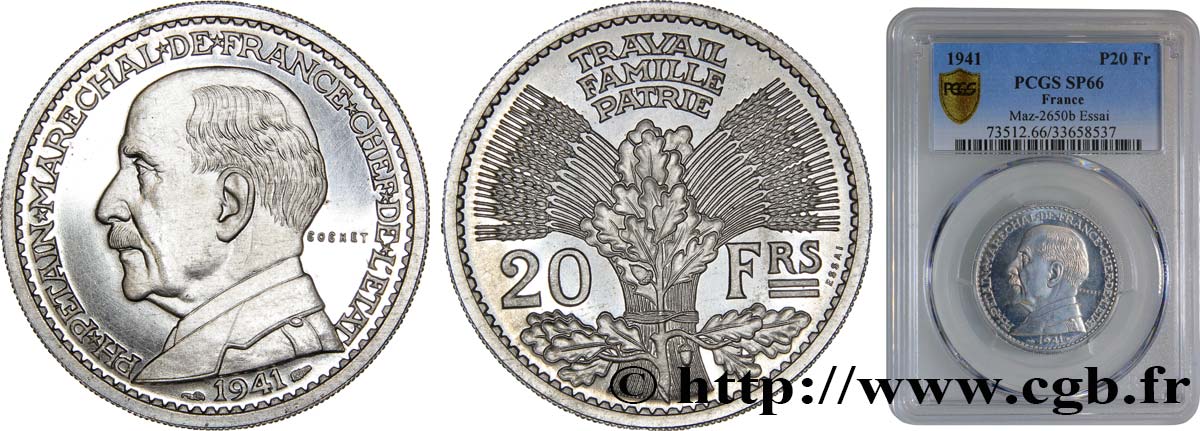 Essai de 20 francs Pétain en aluminium par Cochet 1941 Paris GEM.202 1 ST66 PCGS