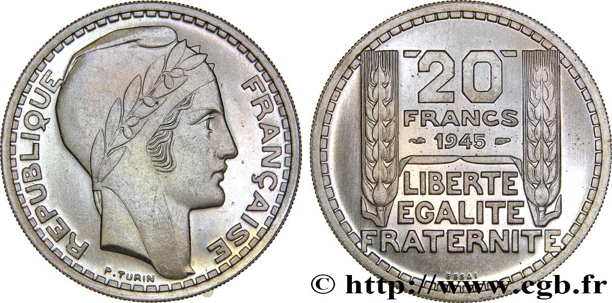 Essai de 20 francs Turin en cupro-nickel 1945 Paris GEM.206 1 MS66 
