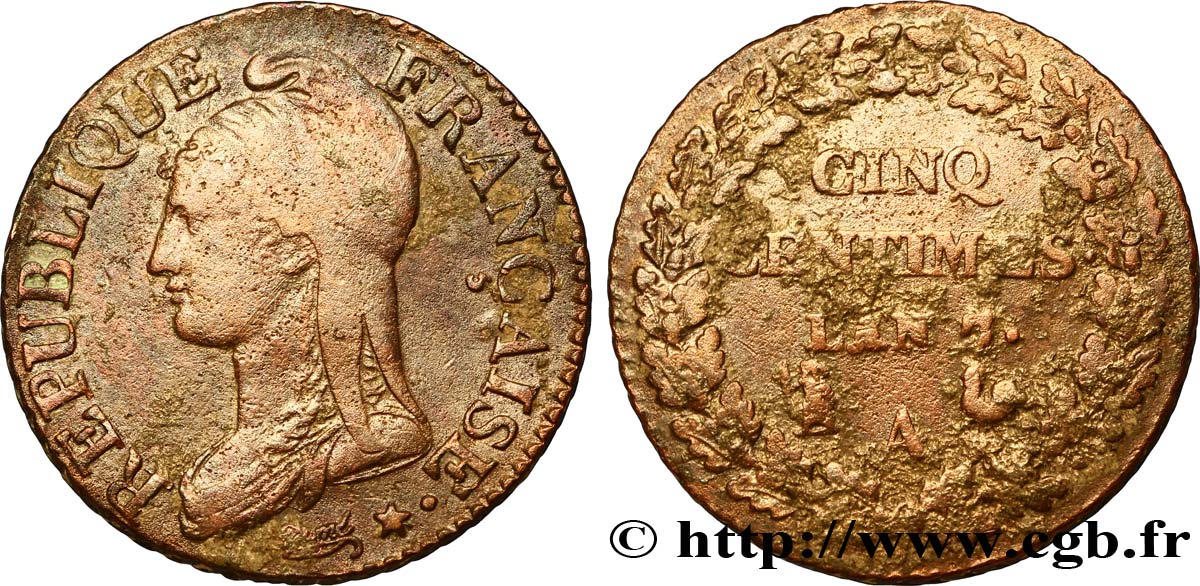 Cinq centimes Dupré, grand module 1799 Paris F.115/44 TB35 