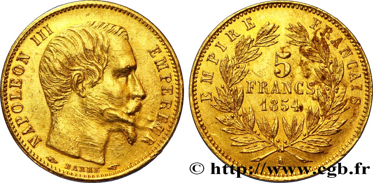 5 francs or Napoléon III, tête nue, petit module, tranche lisse 1854 Paris F.500/1 MBC 