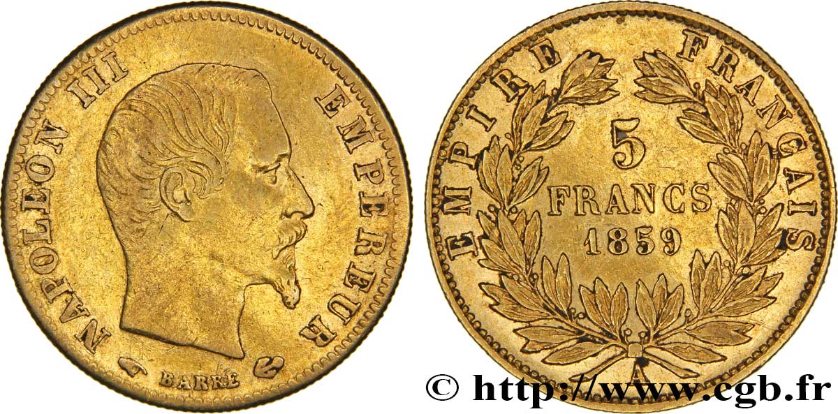 5 francs or Napoléon III, tête nue, grand module 1859 Paris F.501/7 TB35 