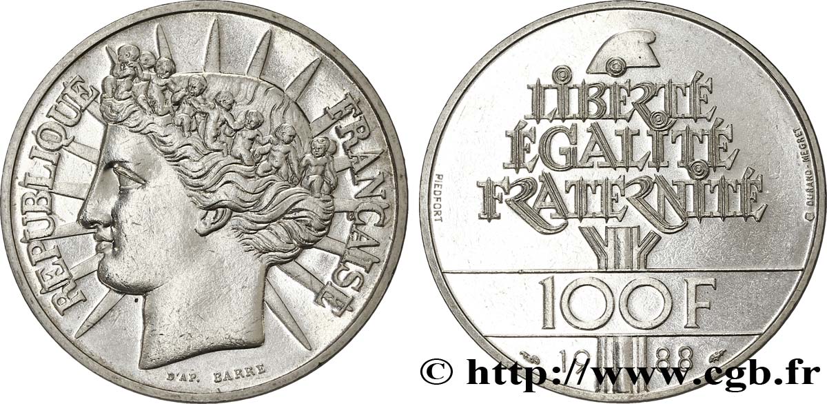 Piéfort argent de 100 francs Fraternité 1988  F.456/2P MS65 