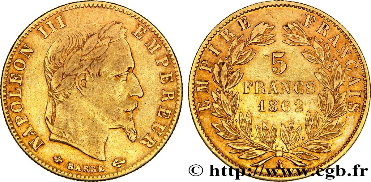 5 francs or Napoléon III, tête laurée 1862 Paris F.502/1 MBC45 