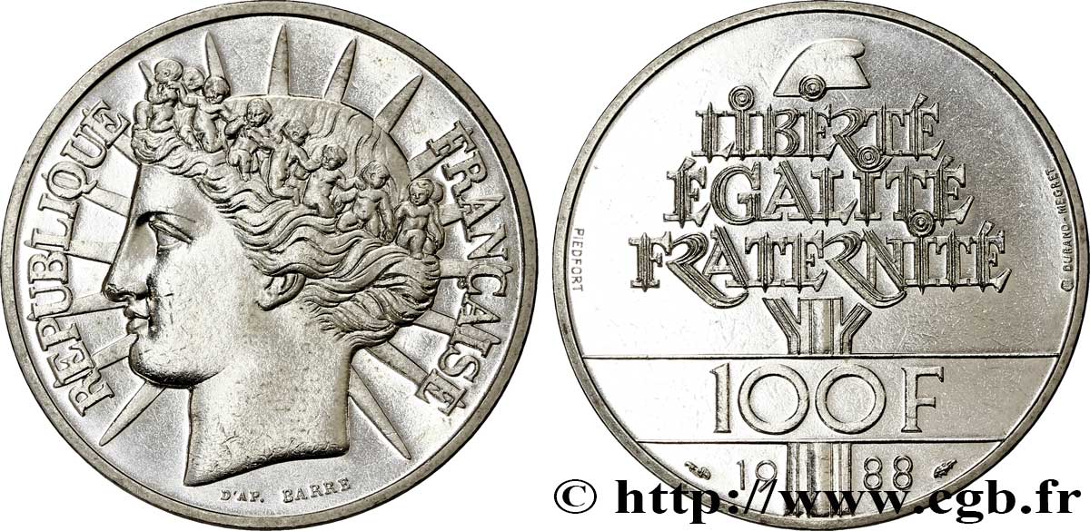 Piéfort argent de 100 francs Fraternité 1988  F.456/2P MS60 