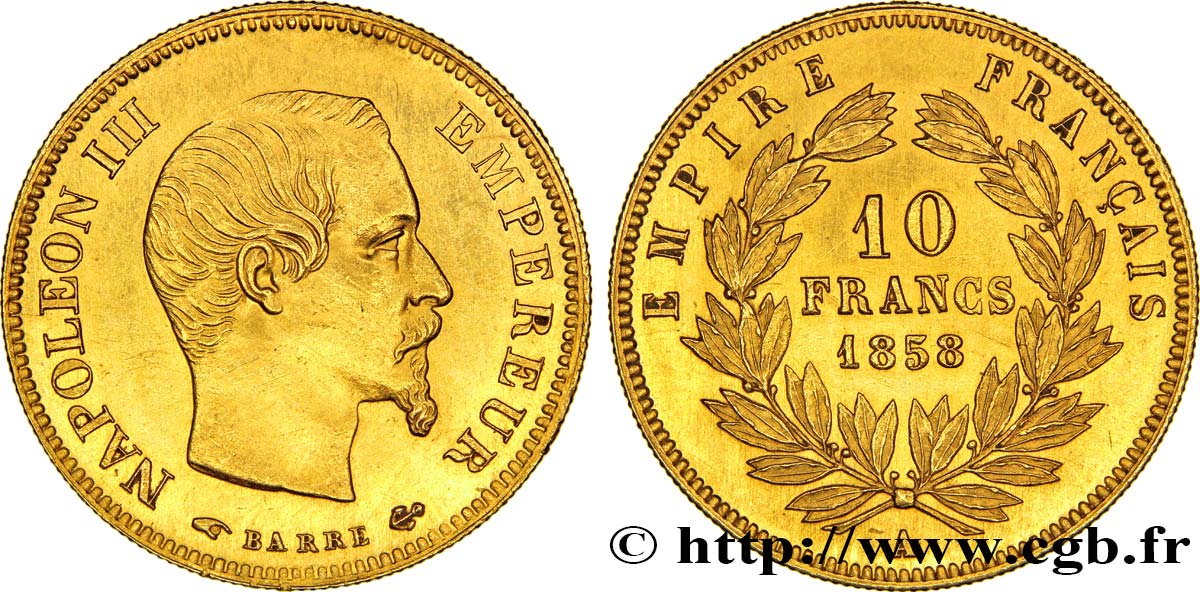10 francs or Napoléon III, tête nue 1858 Paris F.506/5 EBC+ 