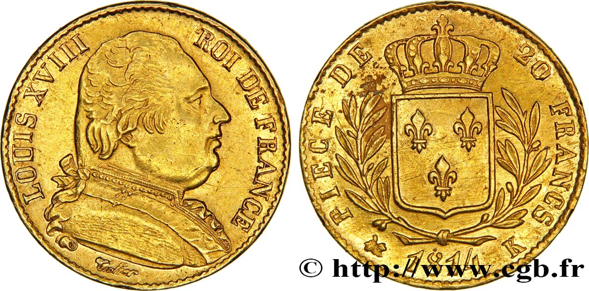 20 francs or Louis XVIII, buste habillé 1814 Bordeaux F.517/4 BB50 