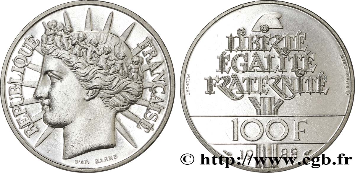 Piéfort Brillant Universel de 100 francs Fraternité 1988  F.456/2P VZ60 