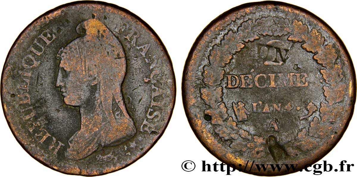 Un décime Dupré, modification du 2 décimes 1796 Paris F.127/1 TB25 