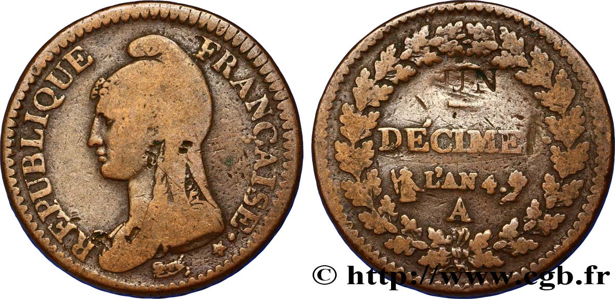 Un décime Dupré, modification du 2 décimes 1796 Paris F.127/1 BC25 