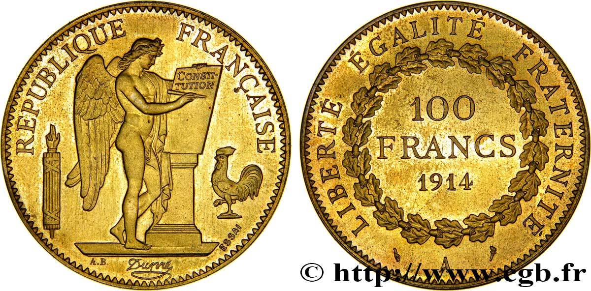Essai en bronze-aluminium de 100 francs or Génie, tranche lisse 1914 Paris VG.4800  EBC62 