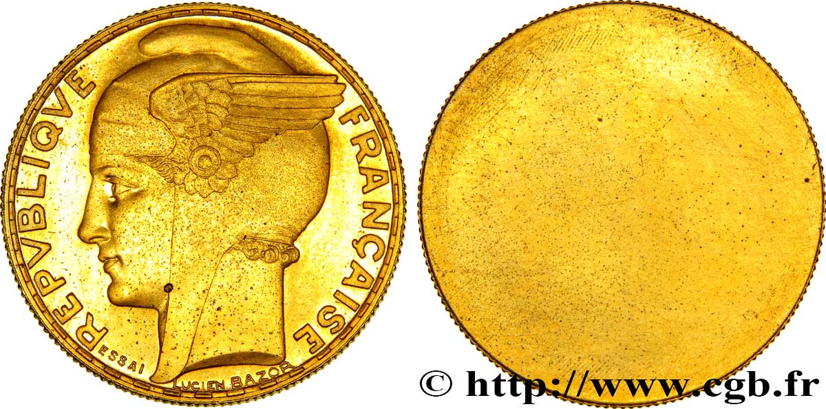 Concours de 100 francs or, essai uniface d’avers de Bazor en bronze-aluminium plaqué or 1929 Paris VG.5216 var. MS65 
