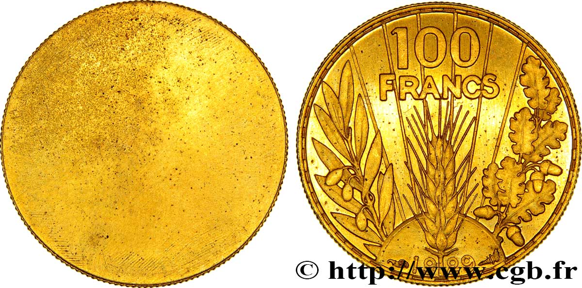 Concours de 100 francs or, essai uniface de revers de Bazor en bronze-aluminium plaqué or 1929 Paris VG.5216 var. MS65 