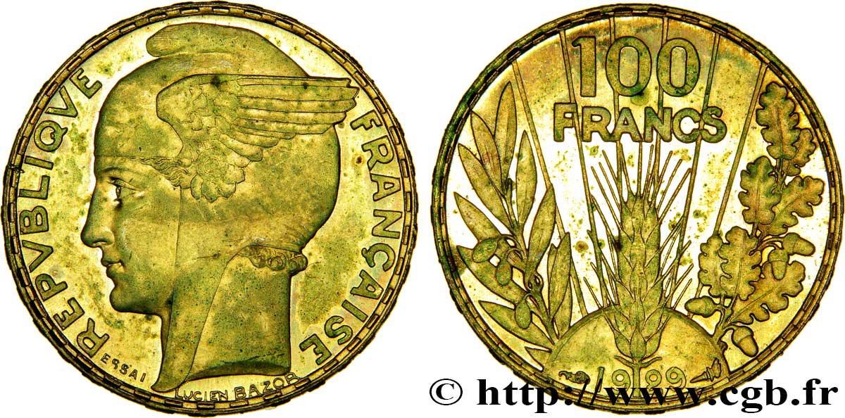 Concours de 100 francs or, essai de Bazor en bronze-aluminium 1929 Paris GEM.288 7 VZ60 