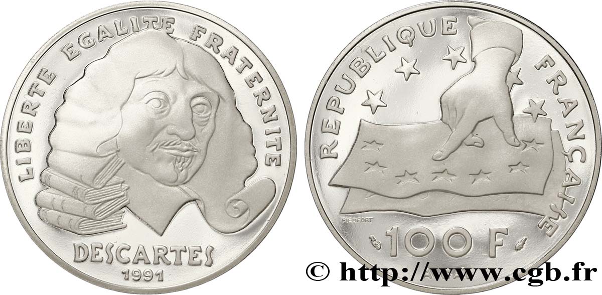 Piéfort Belle Épreuve de 100 francs René Descartes 1991 Pessac F.459/2P MS68 