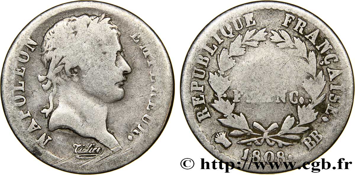 Demi-franc Napoléon Ier tête laurée, République française 1808 Strasbourg F.177/4 SGE8 