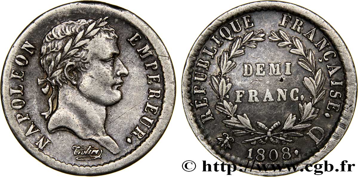Demi-franc Napoléon Ier tête laurée, République française 1808 Lyon F./ TTB48 
