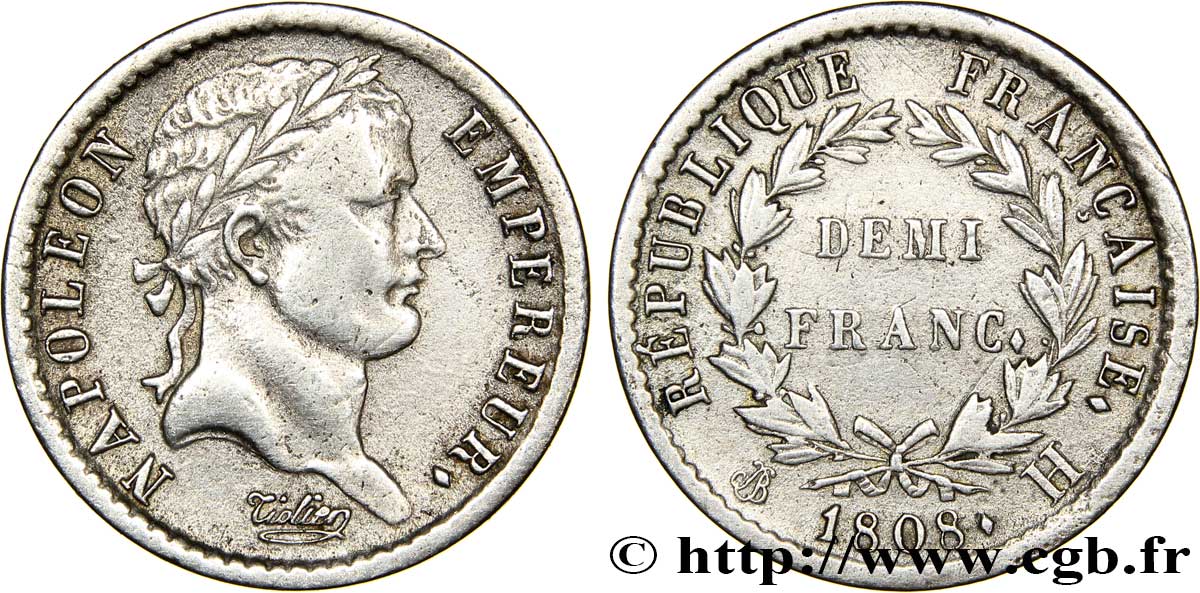 Demi-franc Napoléon Ier tête laurée, République française 1808 La Rochelle F./ TTB45 