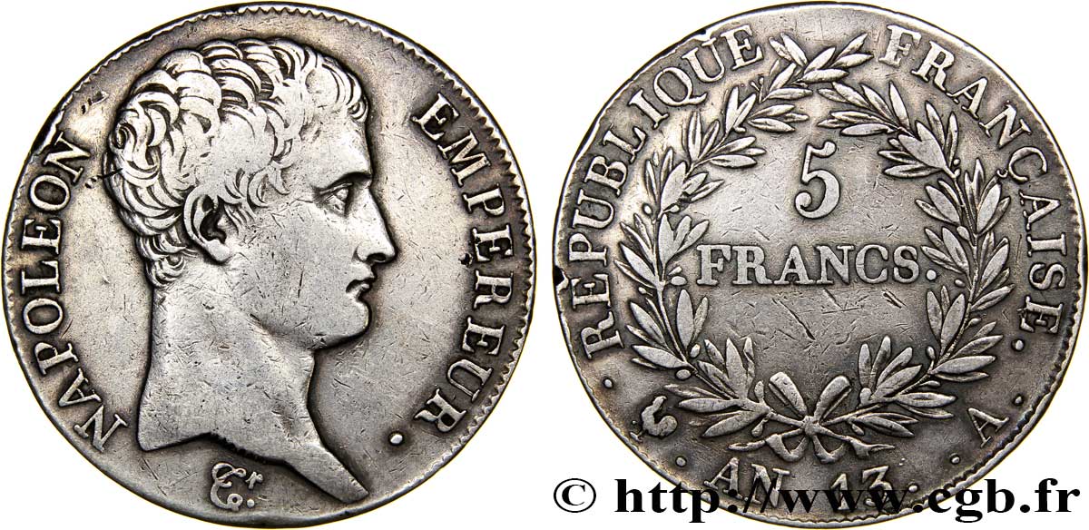 5 francs Napoléon Empereur, Calendrier révolutionnaire 1805 Paris F.303/2 MBC45 