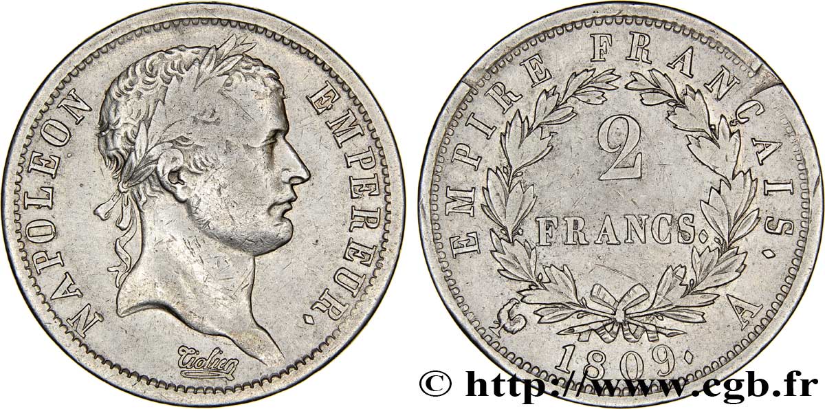 2 francs Napoléon Ier tête laurée, Empire français 1809 Paris F.255/1 MB28 