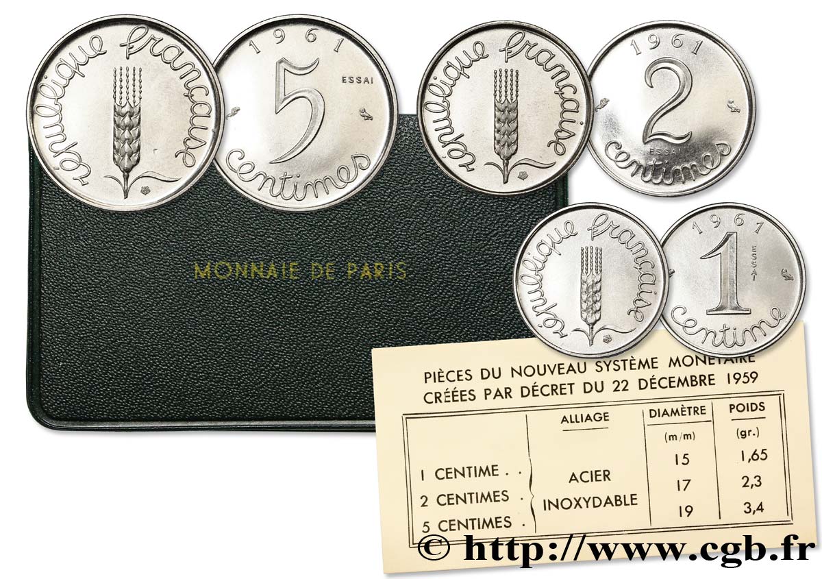 Série de trois essais de 5, 2 et 1 centime Épi 1961 Paris GEM.274 8 MS63 