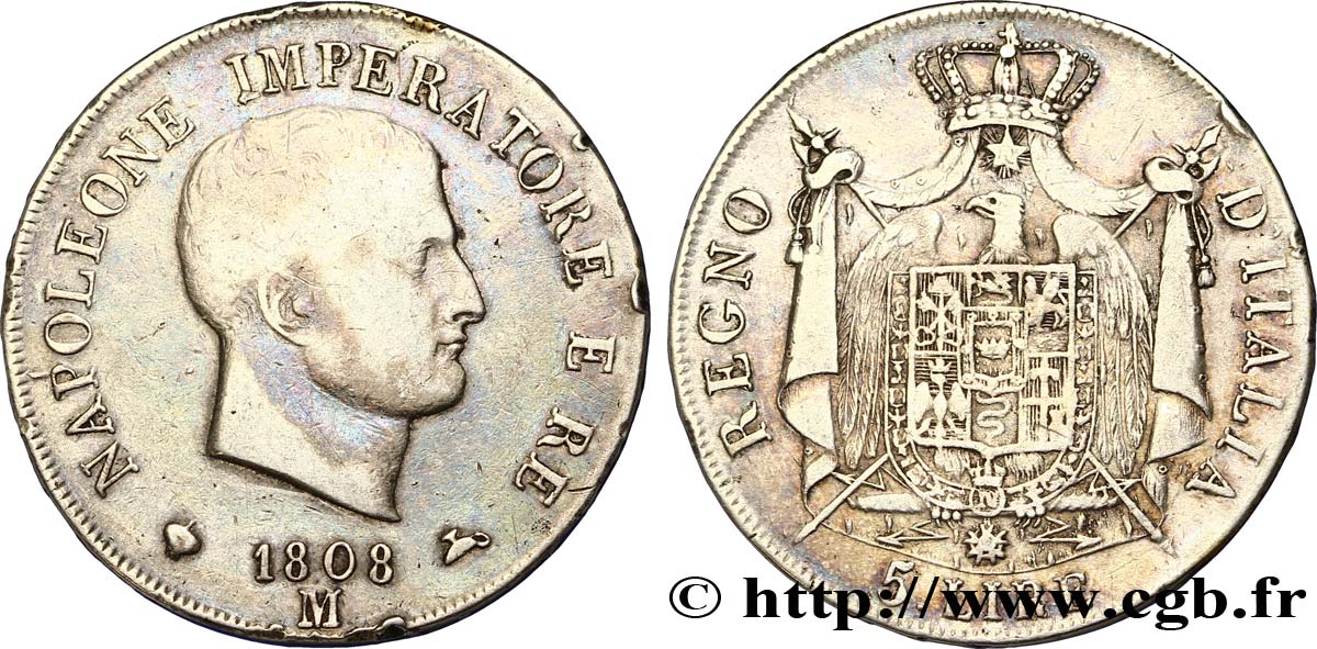 5 lire Napoléon Empereur et Roi d’Italie, 1er type, tranche en relief 1808 Milan M.218  VF25 