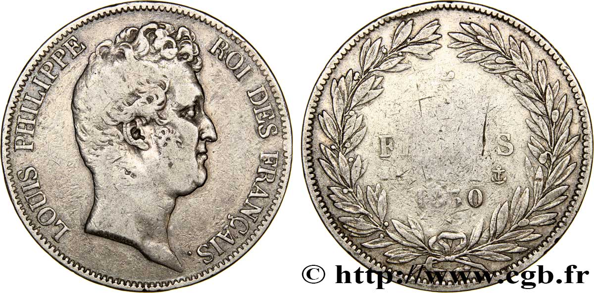 5 francs type Tiolier sans le I, tranche en creux 1830 Paris F.313/1 VF20 