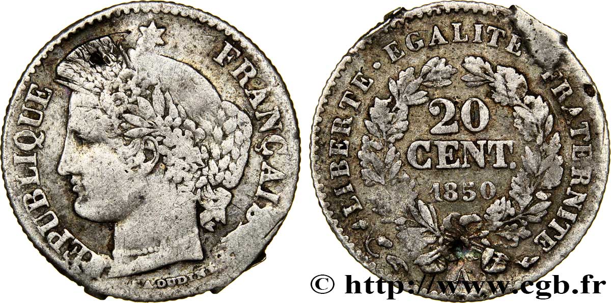 20 centimes Cérès, IIe République 1850 Paris F.146/2 VF 
