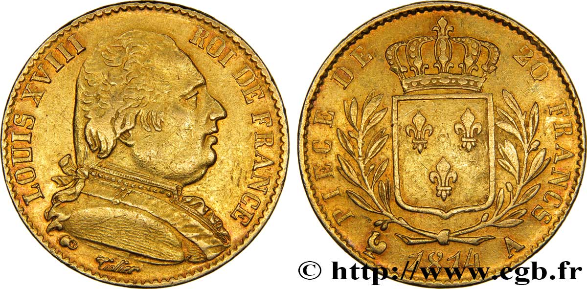 20 francs or Louis XVIII, buste habillé 1814 Paris F.517/2 TTB48 