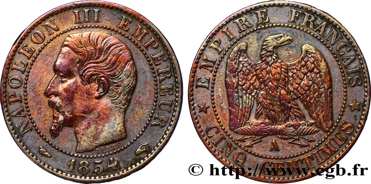 Cinq centimes Napoléon III, tête nue 1854 Paris F.116/8 BB48 