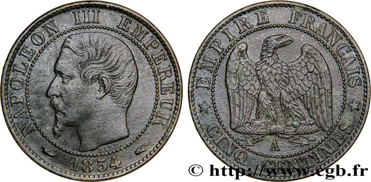 Cinq centimes Napoléon III, tête nue 1854 Paris F.116/8 TTB48 