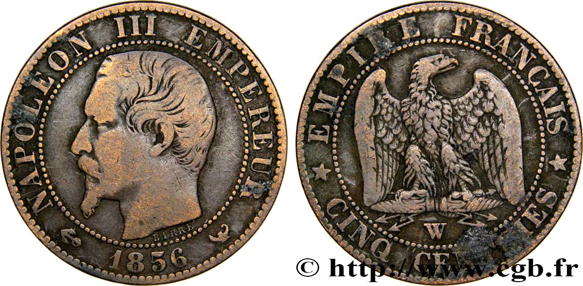 Cinq centimes Napoléon III, tête nue 1856 Lille F.116/36 VF35 