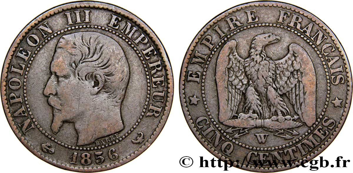 Cinq centimes Napoléon III, tête nue 1856 Lille F.116/36 TB35 