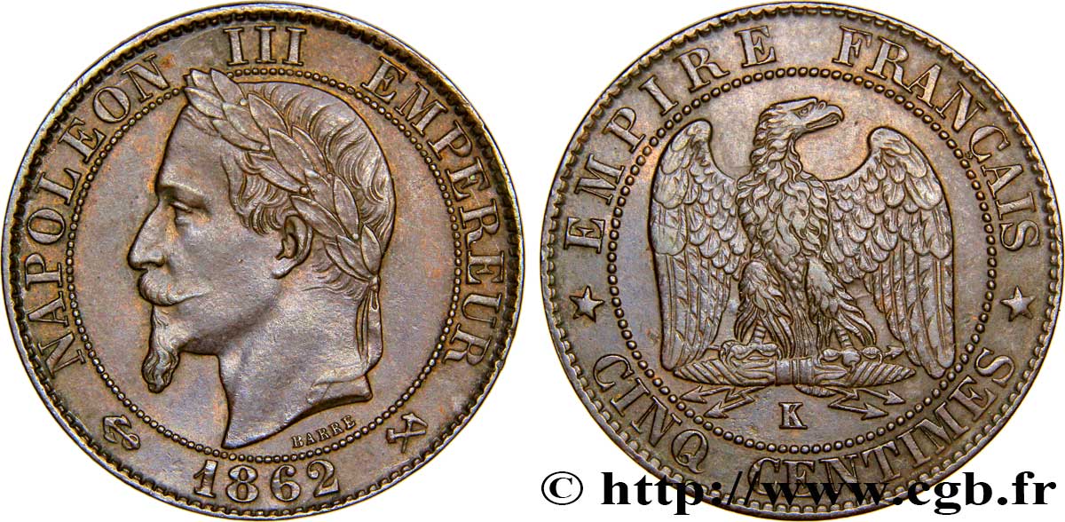Cinq centimes Napoléon III, tête laurée 1862 Bordeaux F.117/9 MBC48 