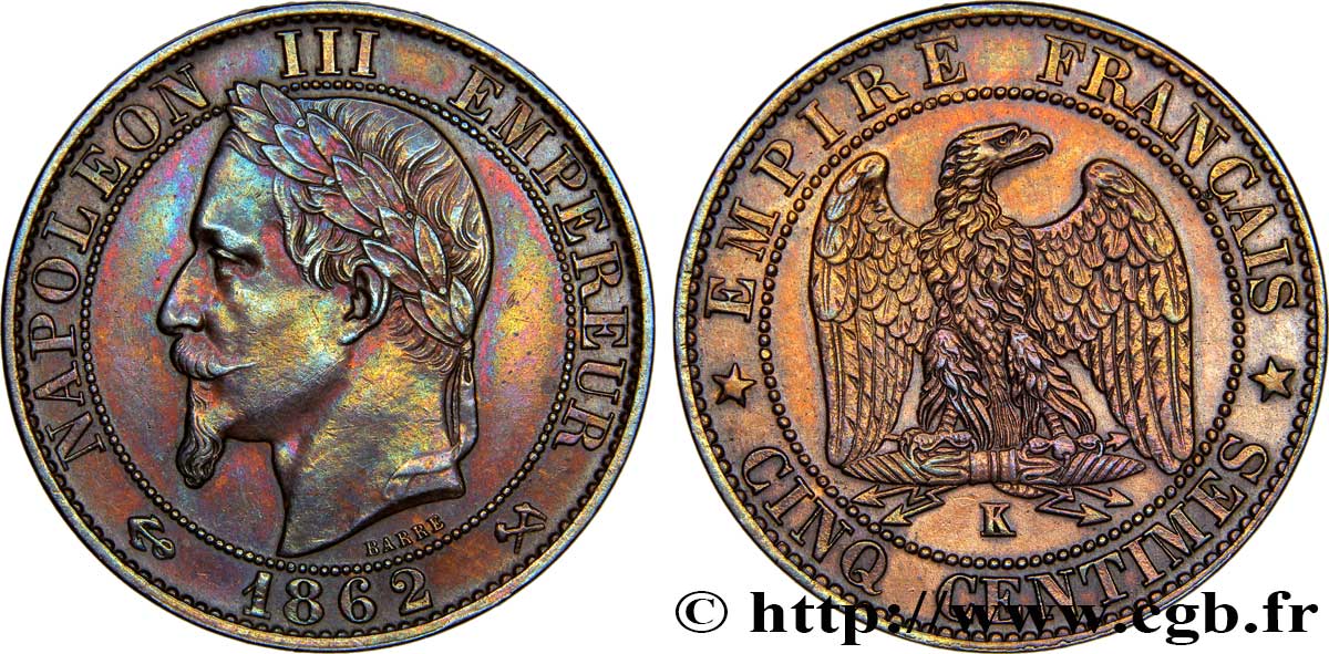 Cinq centimes Napoléon III, tête laurée 1862 Bordeaux F.117/9 TTB48 