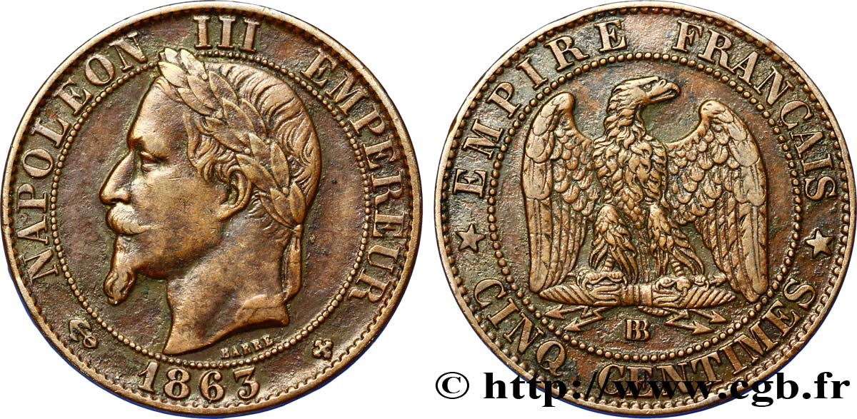 Cinq centimes Napoléon III, tête laurée 1863 Strasbourg F.117/11 TTB42 