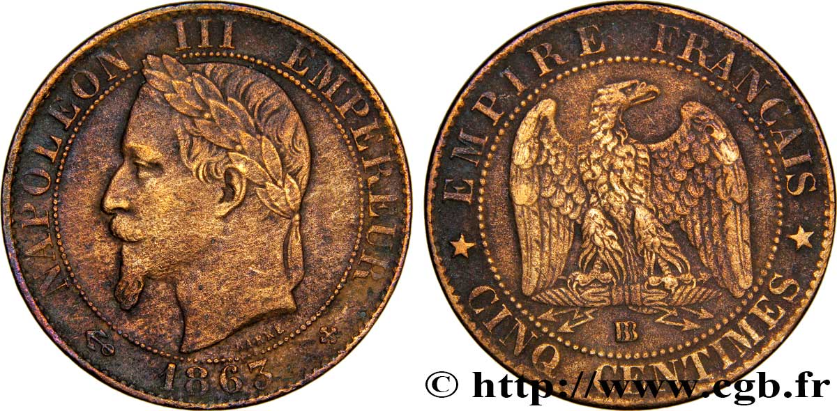 Cinq centimes Napoléon III, tête laurée 1863 Strasbourg F.117/11 TTB42 