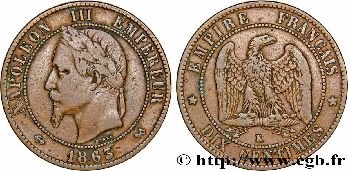 Dix centimes Napoléon III, tête laurée 1863 Bordeaux F.134/12 TTB40 