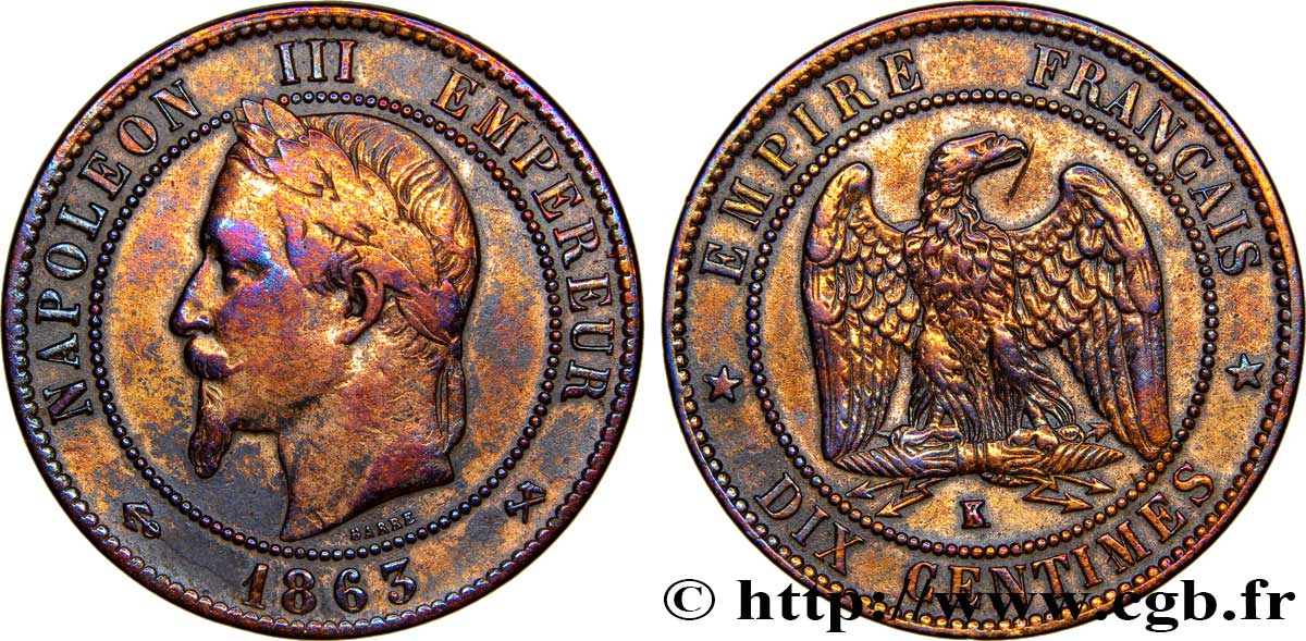 Dix centimes Napoléon III, tête laurée 1863 Bordeaux F.134/12 XF40 