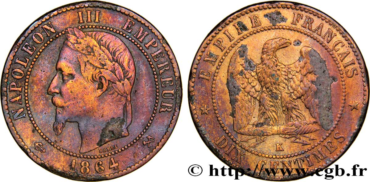 Dix centimes Napoléon III, tête laurée 1864 Strasbourg F.134/14 TB35 