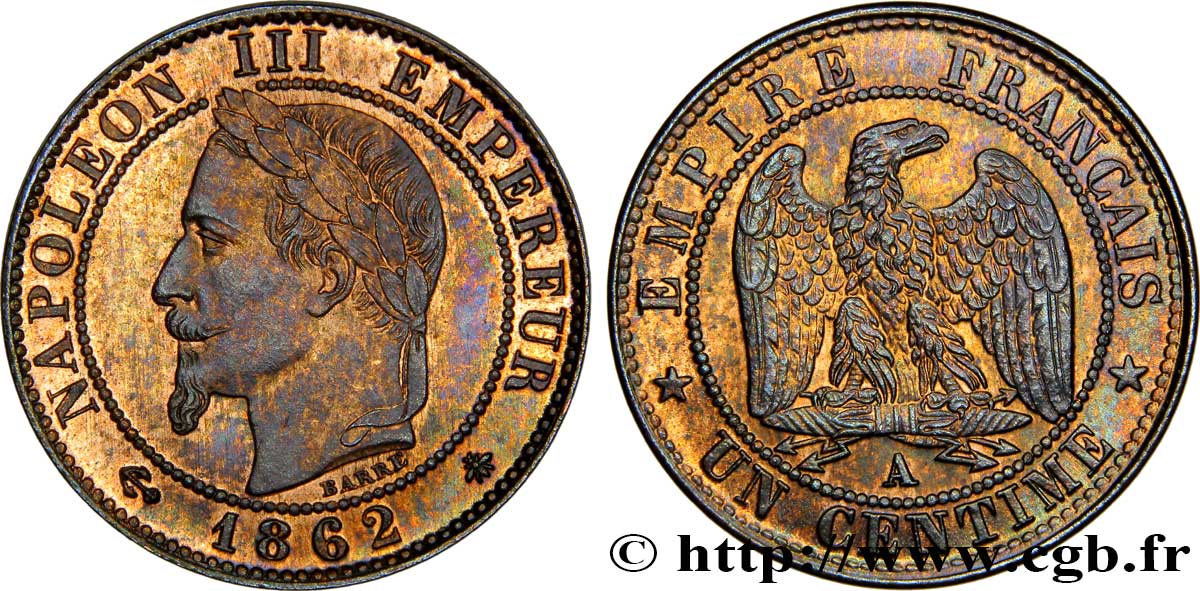 Un centime Napoléon III, tête laurée 1862 Paris F.103/4 AU58 