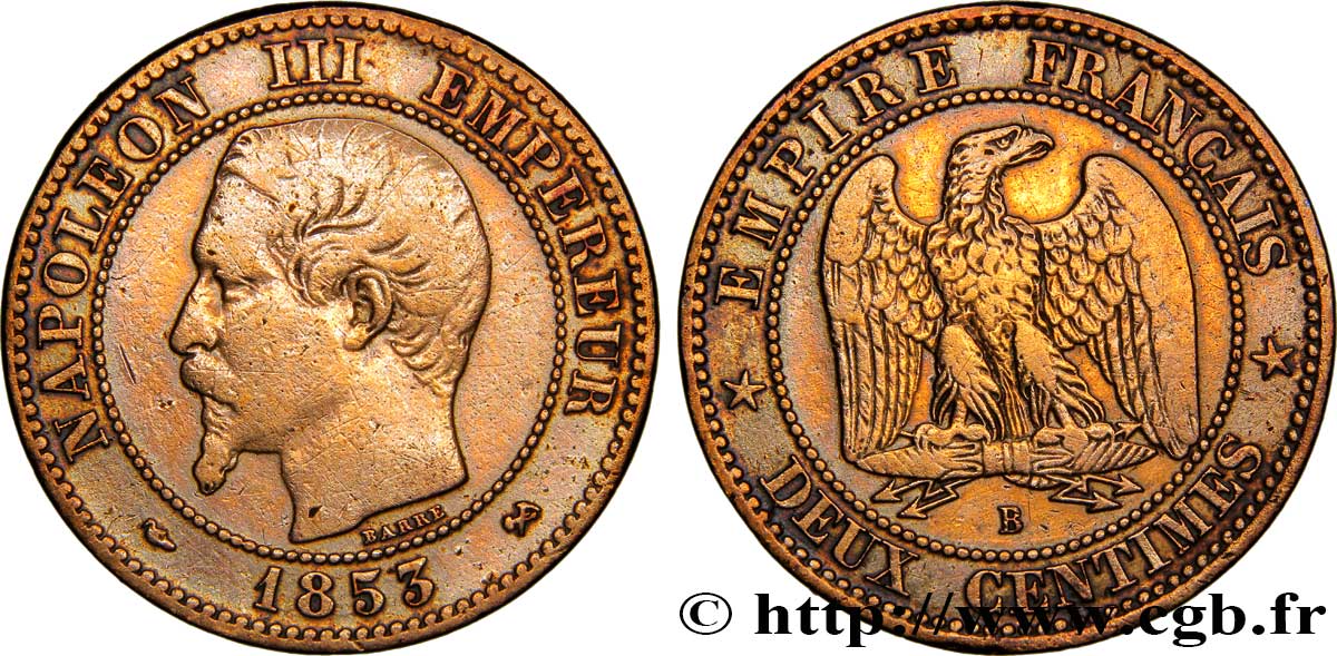 Deux centimes Napoléon III, tête nue 1853 Rouen F.107/2 BC35 