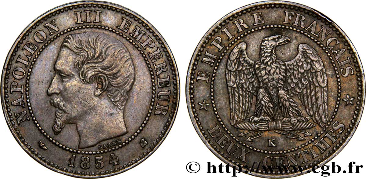 Deux centimes Napoléon III, tête nue 1854 Bordeaux F.107/16 BB48 