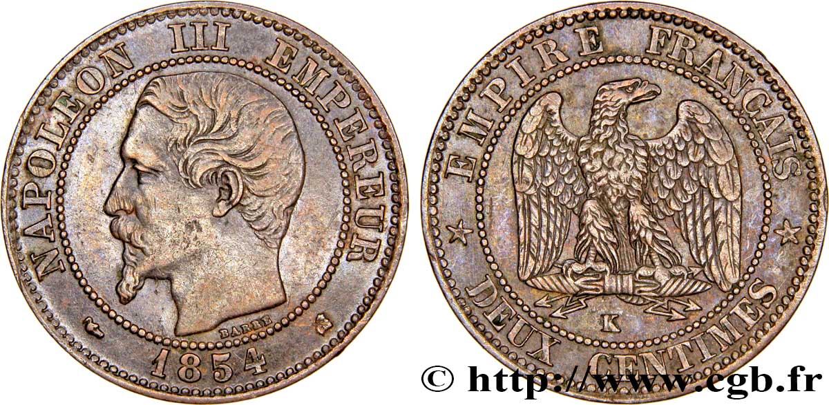 Deux centimes Napoléon III, tête nue 1854 Bordeaux F.107/16 MBC48 