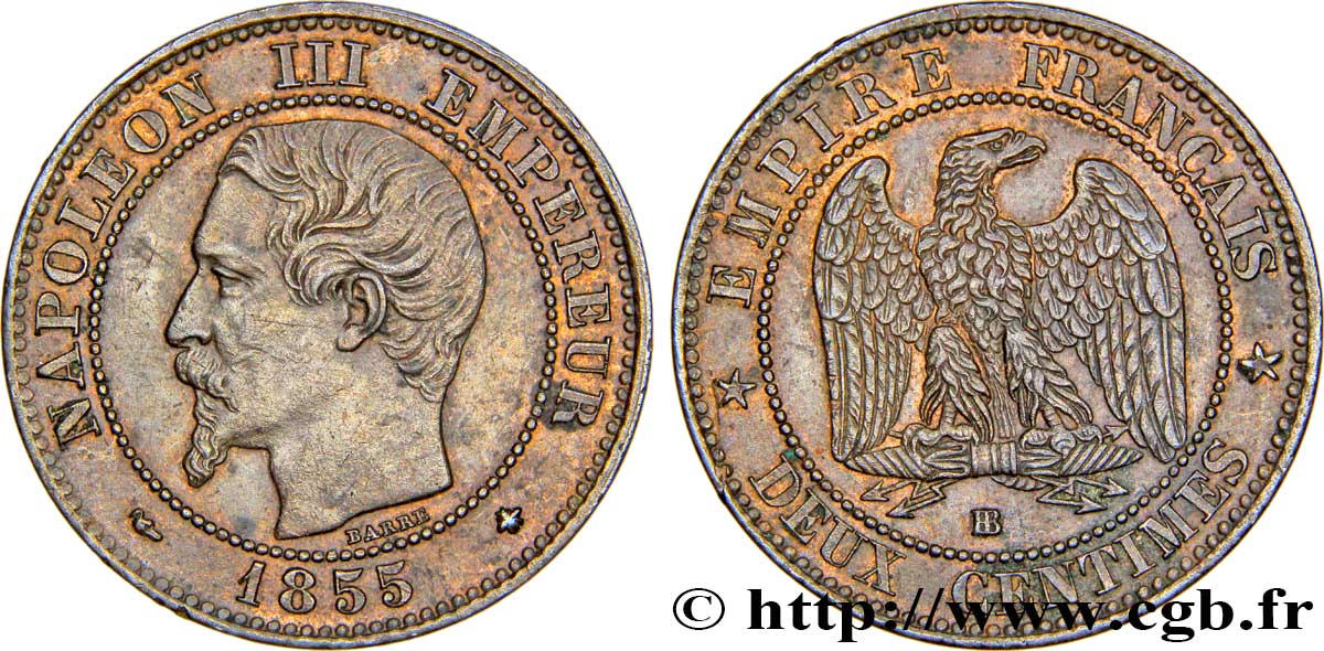 Deux centimes Napoléon III, tête nue 1855 Strasbourg F.107/23 TTB54 