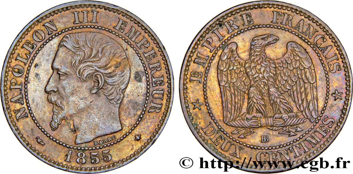 Deux centimes Napoléon III, tête nue 1855 Strasbourg F.107/23 AU54 