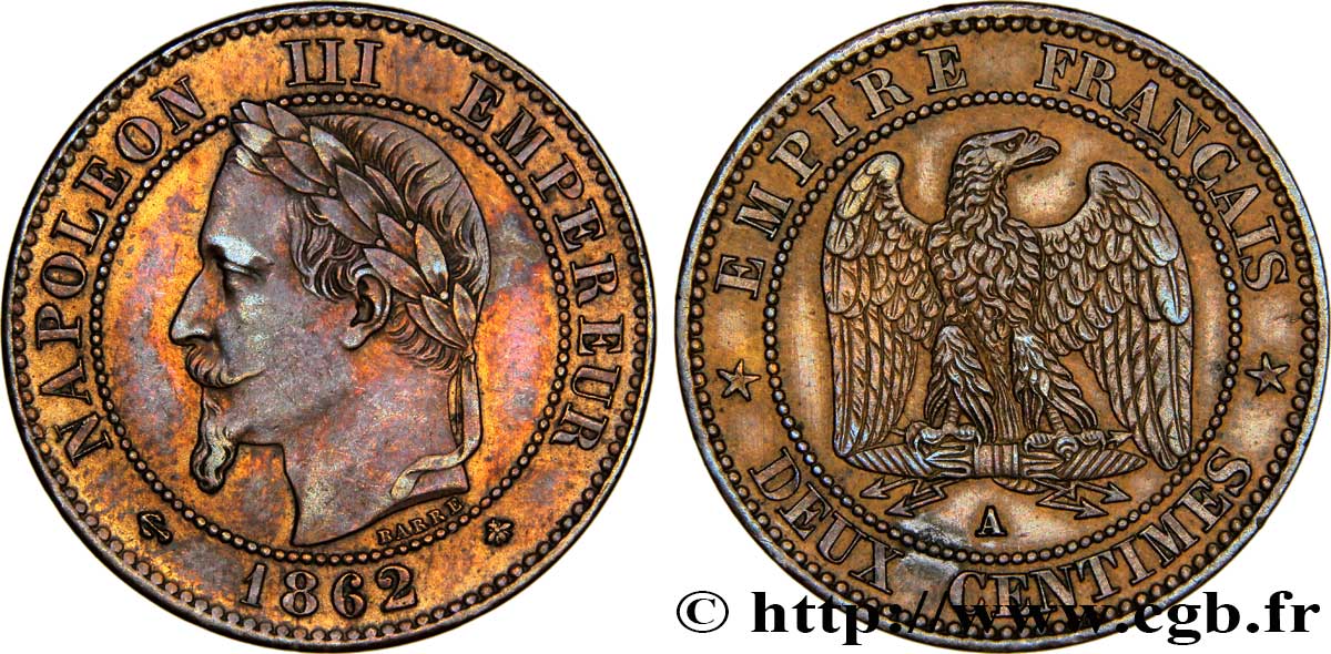 Deux centimes Napoléon III, tête laurée 1862 Paris F.108A/4 AU55 