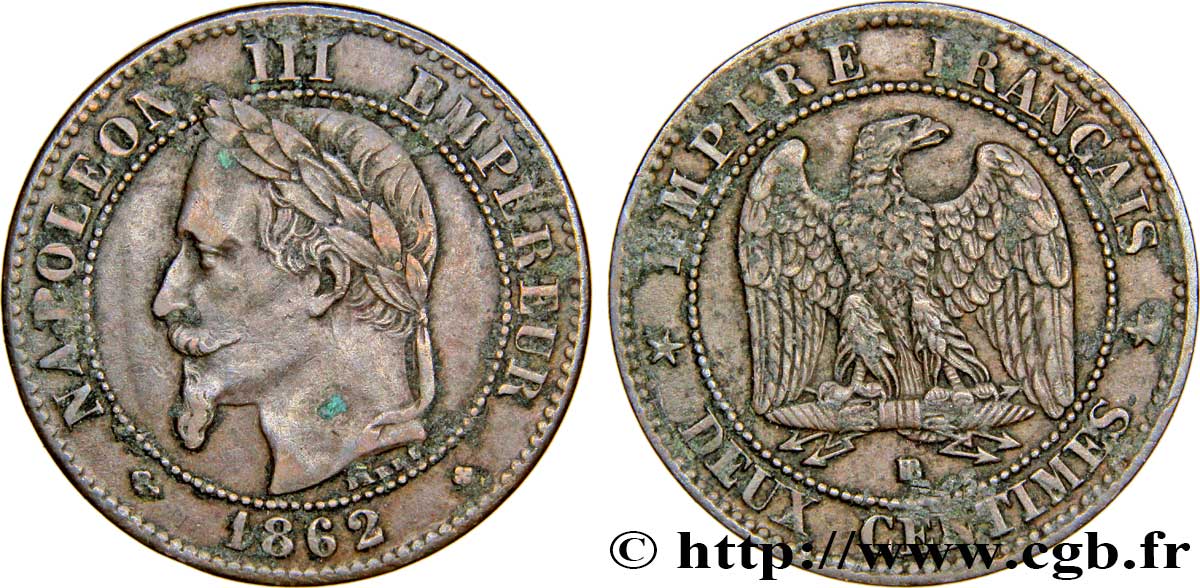 Deux centimes Napoléon III, tête laurée 1862 Strasbourg F.108A/5 TTB48 