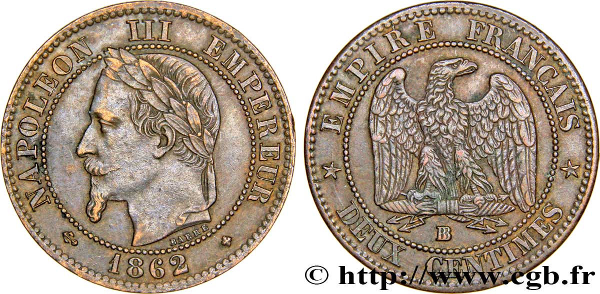 Deux centimes Napoléon III, tête laurée 1862 Strasbourg F.108A/5 TTB48 