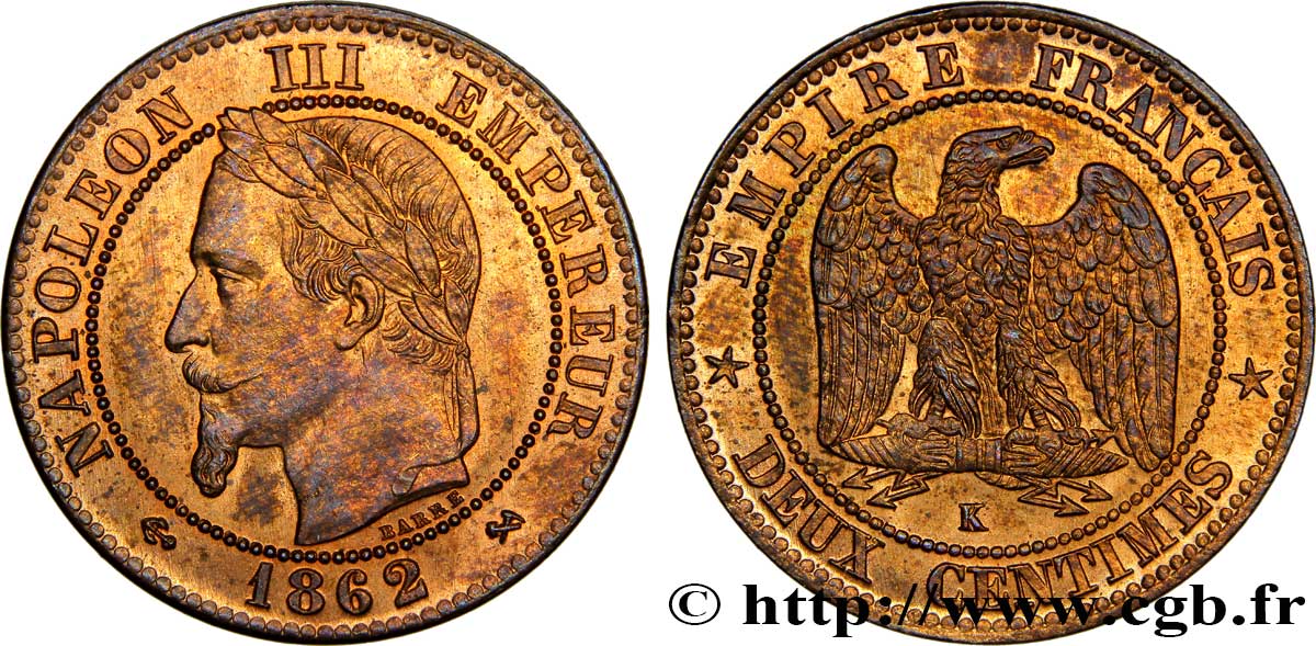 Deux centimes Napoléon III, tête laurée 1862 Bordeaux F.108A/7 EBC60 