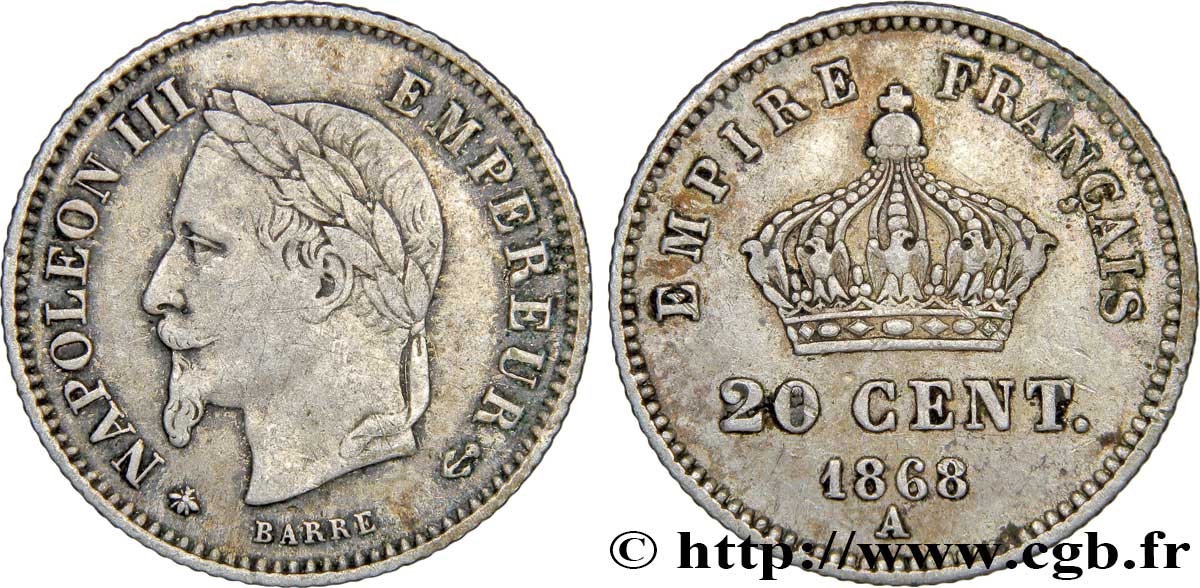 20 centimes Napoléon III, tête laurée, grand module 1868 Paris F.150/4 MB25 